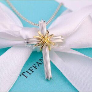 Tiffany & Co Cross Necklace Vintage Crucifix Large Pendant in 18K Gold/Silver 22
